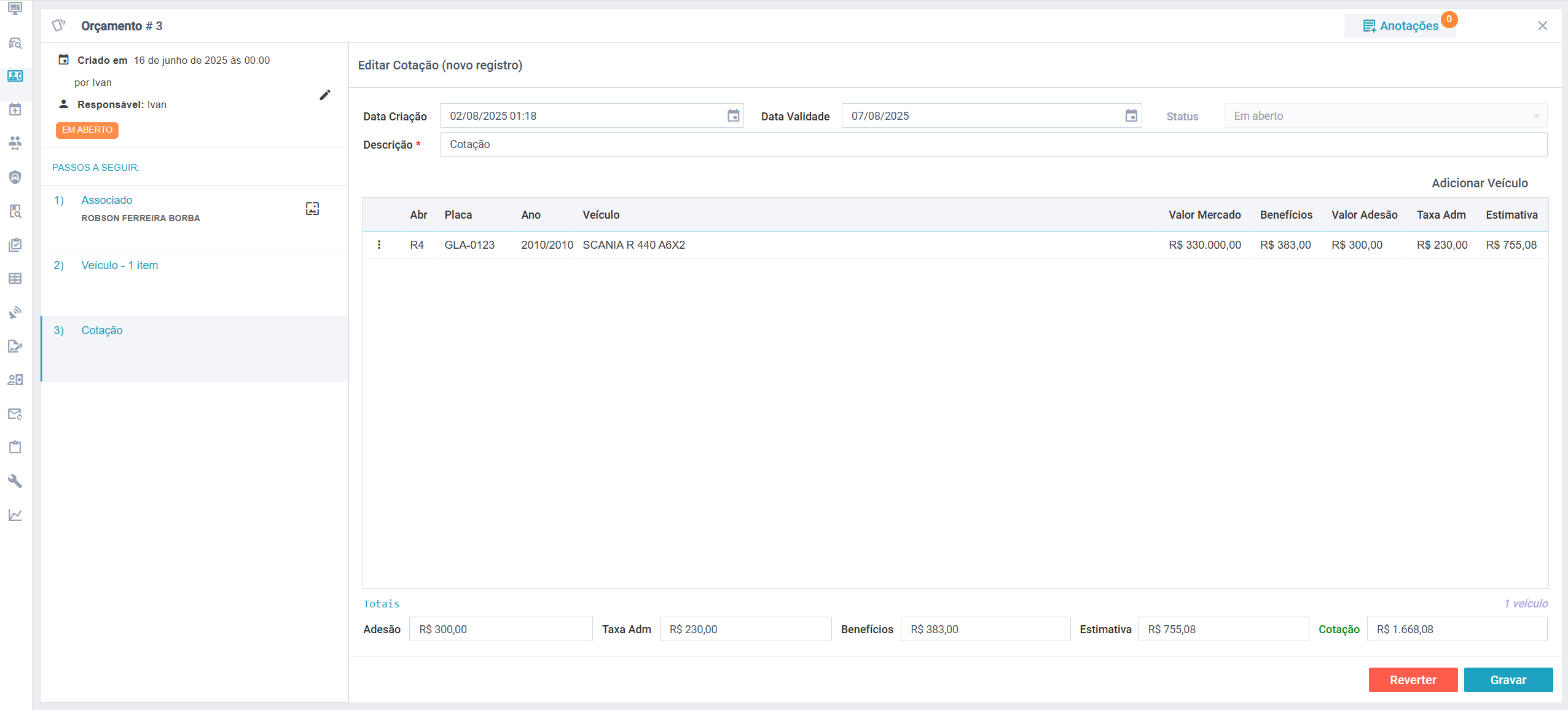 Tela do Sistema - CRM Orçamento